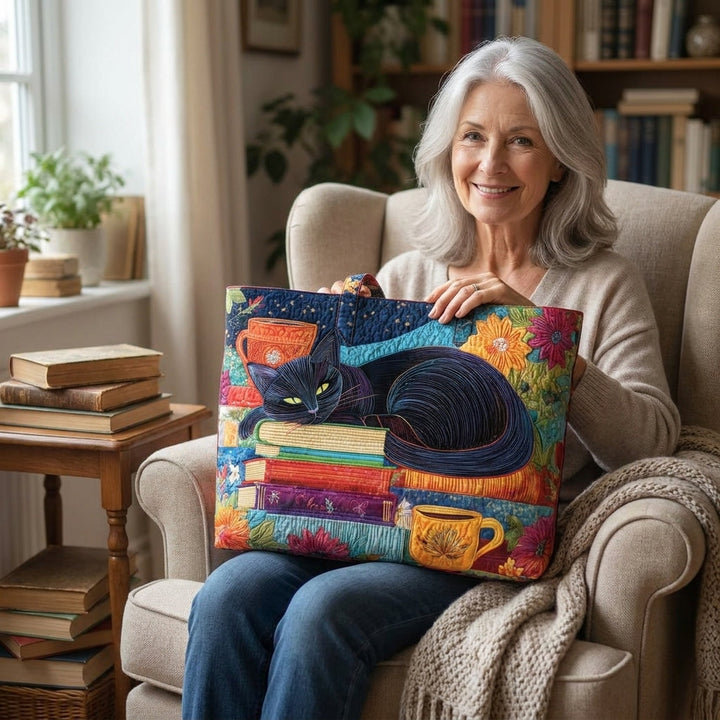 Greta | Artisan Bag - Black Cat with Books and Mugs Tote