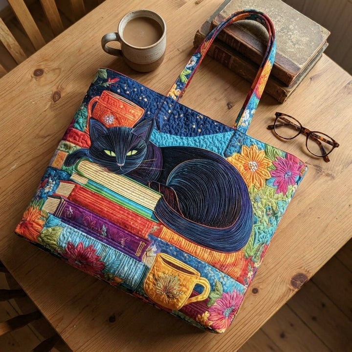 Greta | Artisan Bag - Black Cat with Books and Mugs Tote