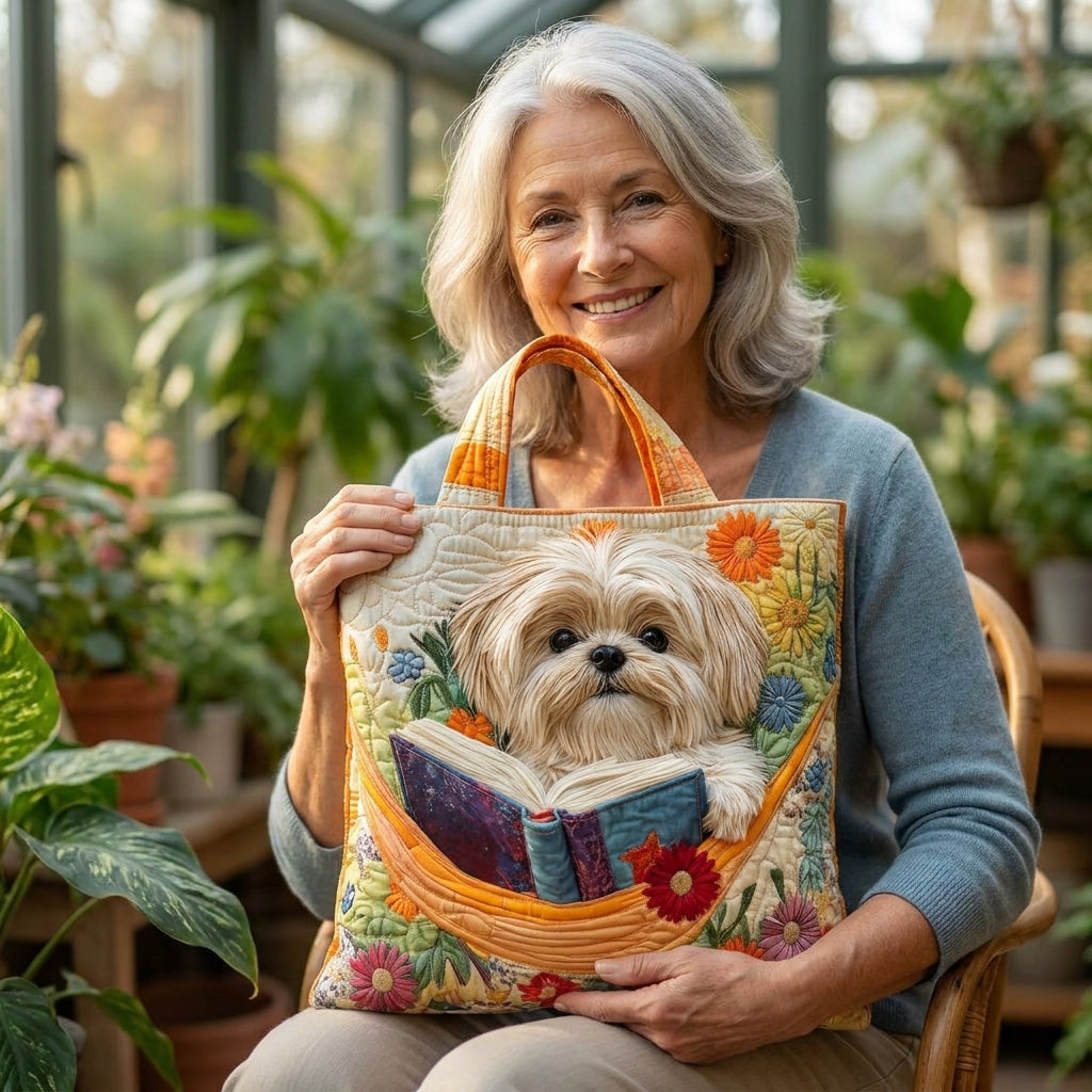 Priscilla | Artisanal Bag - Shih Tzu with Books and Flowers Tote