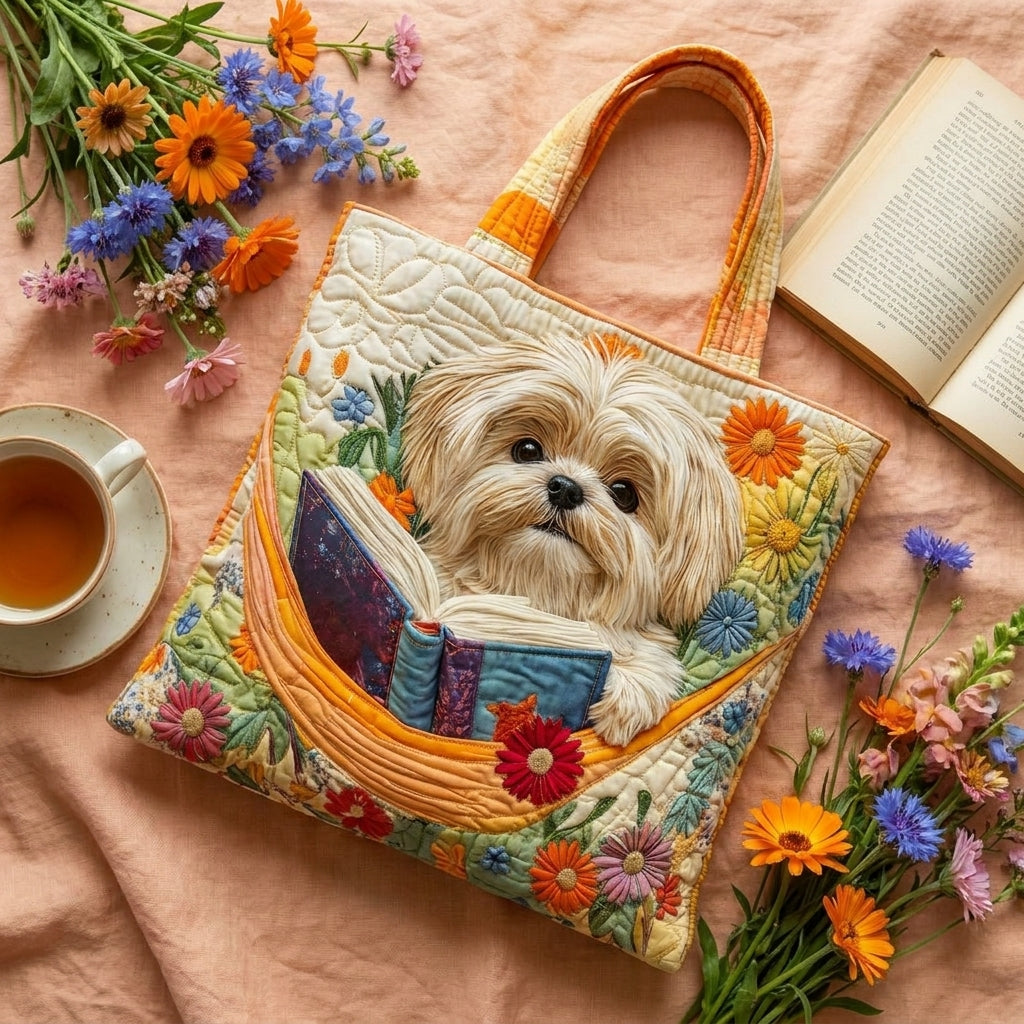 Priscilla | Artisanal Bag - Shih Tzu with Books and Flowers Tote