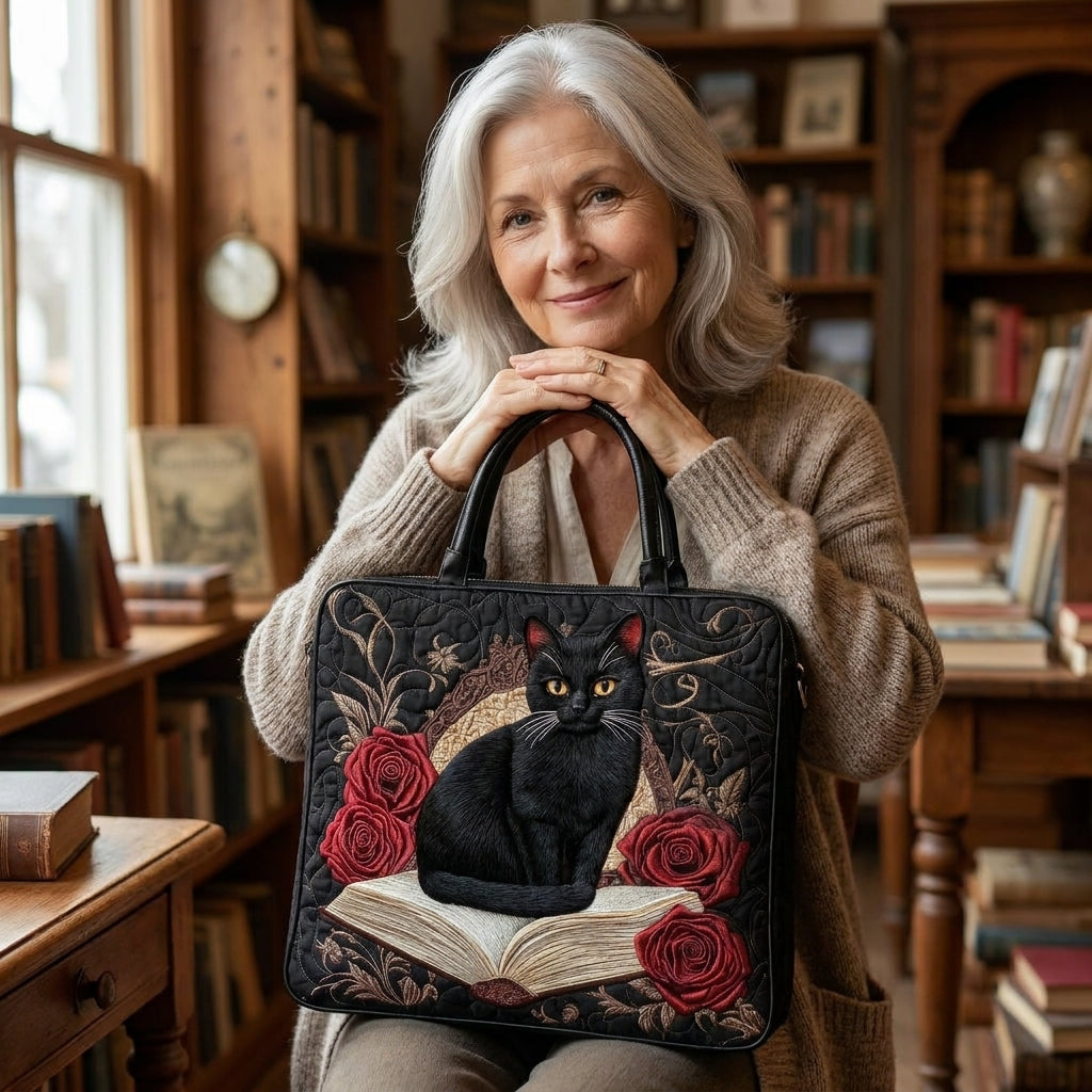 Violet | Quilted Artisan Bag - Black Cat on Books Tote