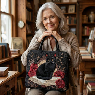 Violet | Quilted Artisan Bag - Black Cat on Books Tote