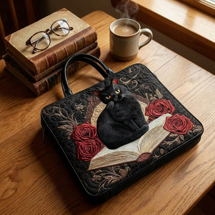 Violet | Quilted Artisan Bag - Black Cat on Books Tote