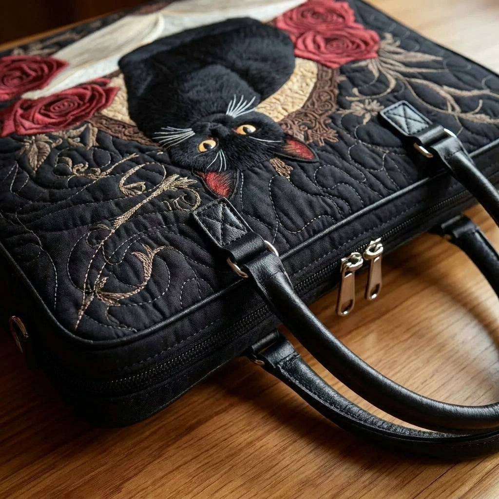 Violet | Quilted Artisan Bag - Black Cat on Books Tote