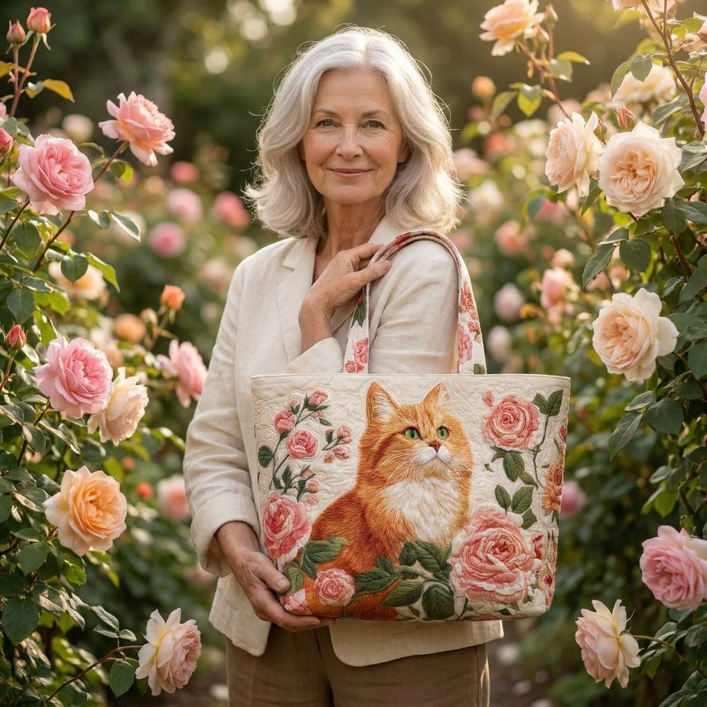 Rosalind | Artisan Bag - Orange Cat with Roses Tote