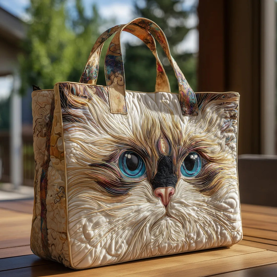 Tabitha | Artisanal Bag - White Cat with Blue Eyes Tote