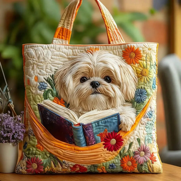 Priscilla | Artisanal Bag - Shih Tzu with Books and Flowers Tote