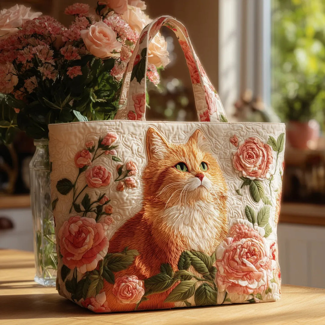 Rosalind | Artisan Bag - Orange Cat with Roses Tote