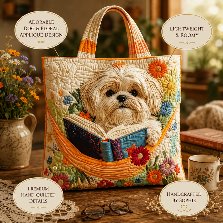 Priscilla | Artisanal Bag - Shih Tzu with Books and Flowers Tote