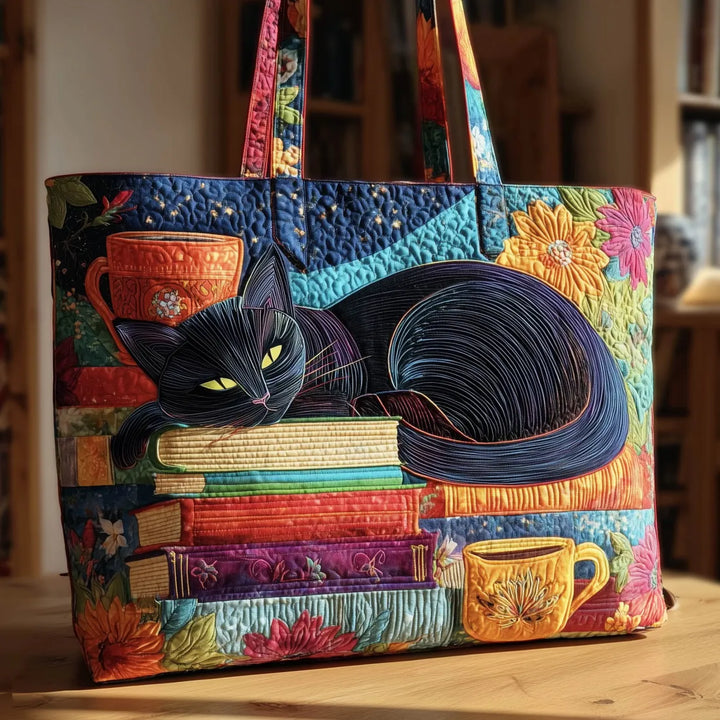 Greta | Artisan Bag - Black Cat with Books and Mugs Tote