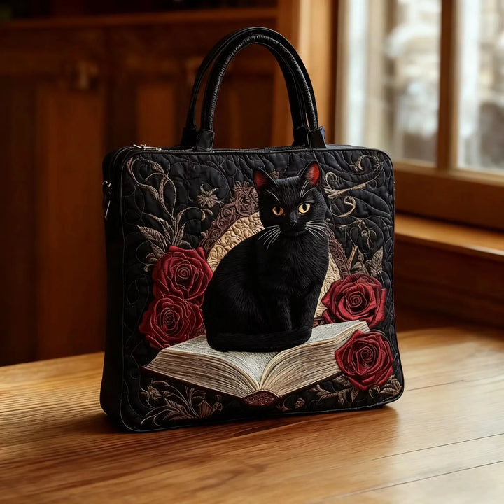 Violet | Quilted Artisan Bag - Black Cat on Books Tote
