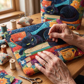 Greta | Artisan Bag - Black Cat with Books and Mugs Tote
