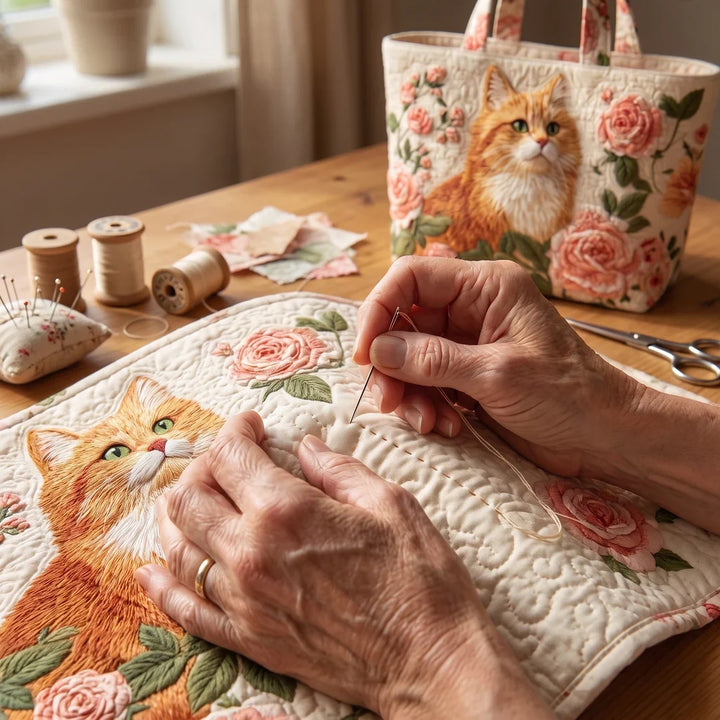 Rosalind | Artisan Bag - Orange Cat with Roses Tote