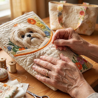 Priscilla | Artisanal Bag - Shih Tzu with Books and Flowers Tote
