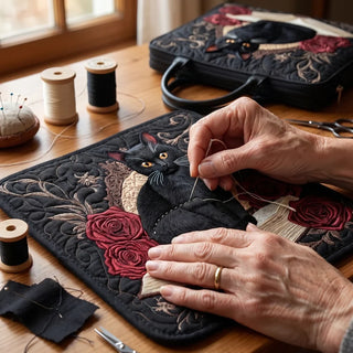 Violet | Quilted Artisan Bag - Black Cat on Books Tote