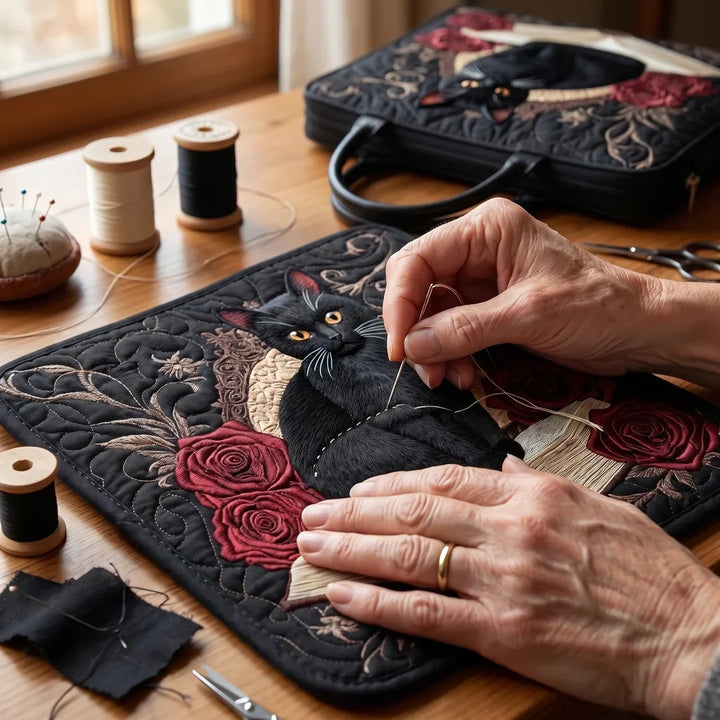 Violet | Quilted Artisan Bag - Black Cat on Books Tote