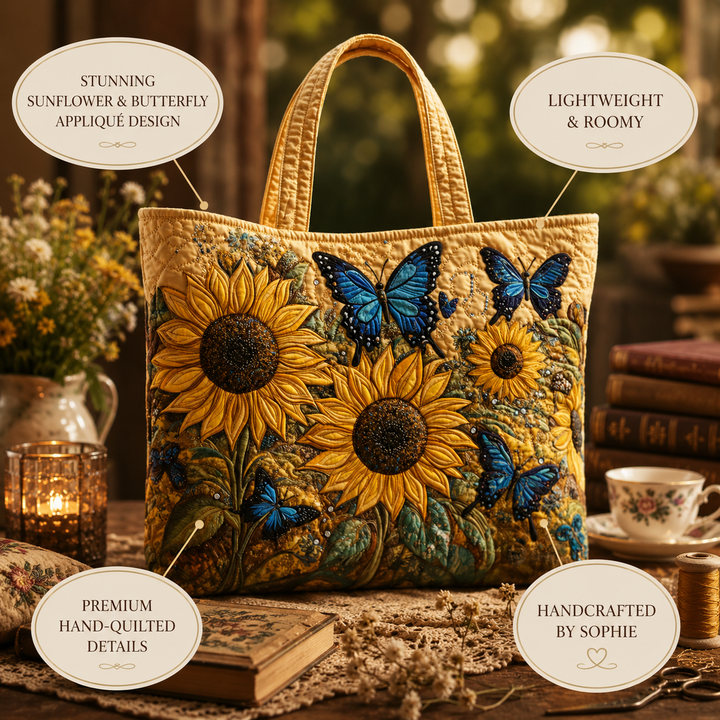 Harriet | Artisan Bag - Sunflowers and Blue Butterflies Tote