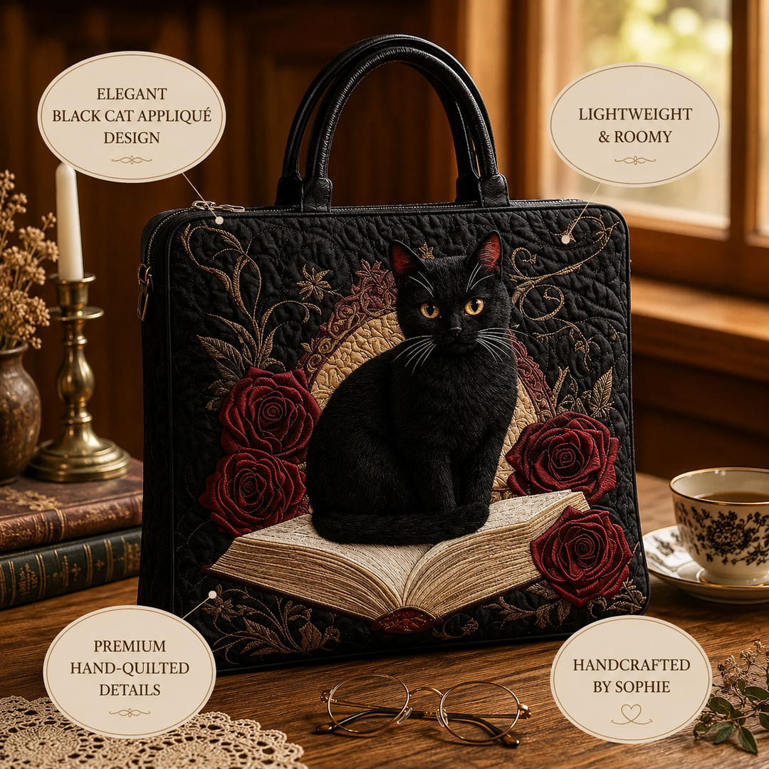Violet | Quilted Artisan Bag - Black Cat on Books Tote