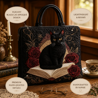 Violet | Quilted Artisan Bag - Black Cat on Books Tote