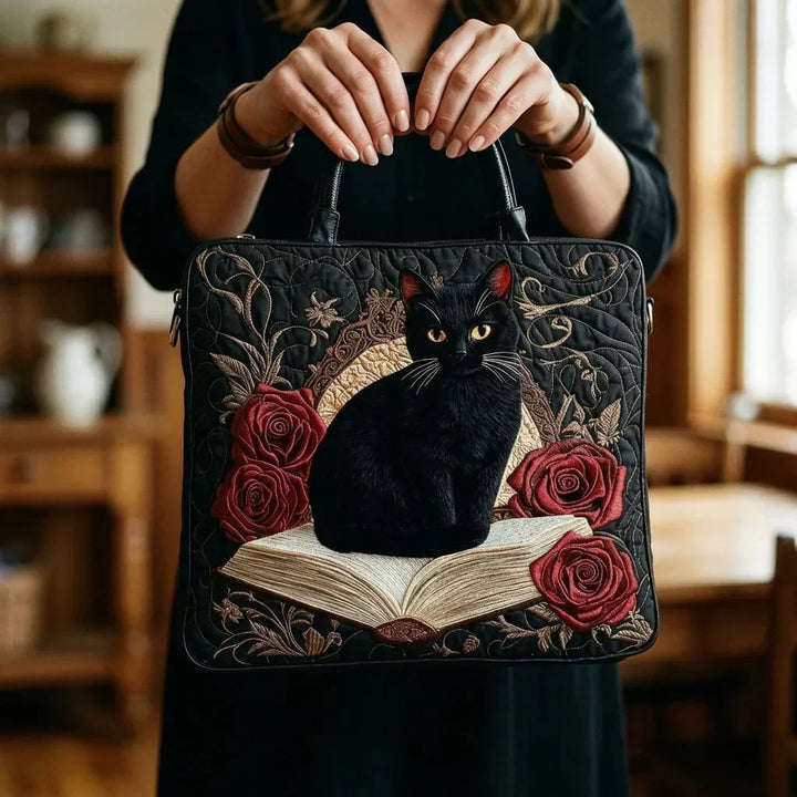 Violet | Quilted Artisan Bag - Black Cat on Books Tote