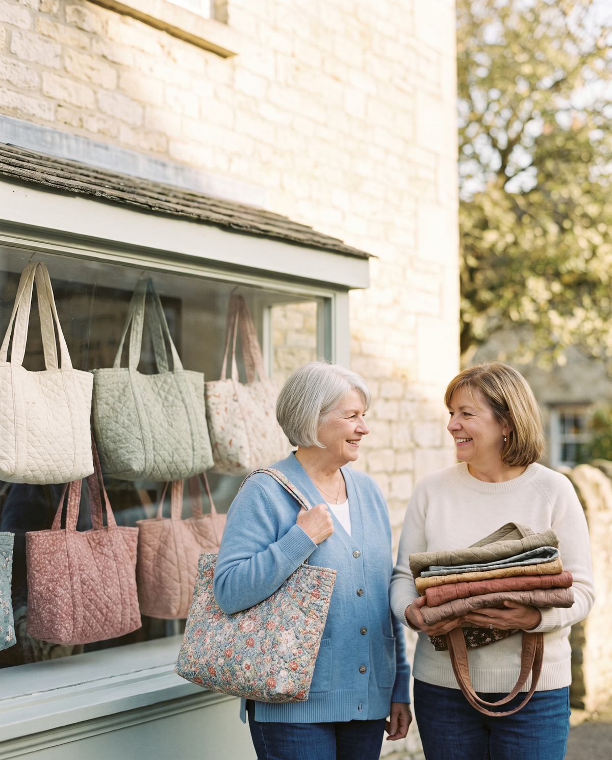 Two women outside their quilt shop with hand-quilted bags