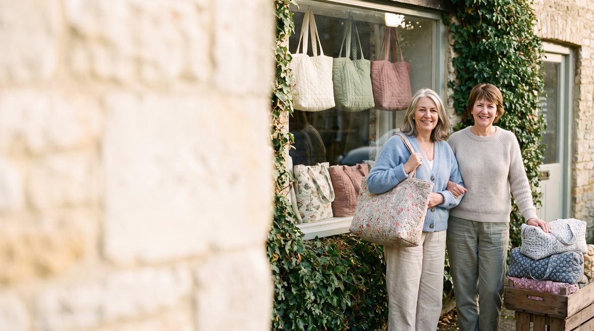 Two women outside their quilt shop with hand-quilted bags