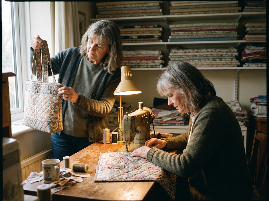 Two women sewing quilted bags in their workroom